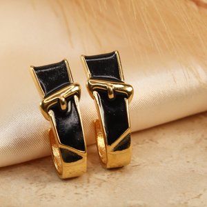 Vintage Black & Gold Monet Buckle Earrings Enamel